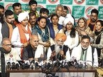 Farmer leaders address a press conference after the meeting at the Singhu border in New Delhi on Wednesday.(Sanchit Khanna/HT)