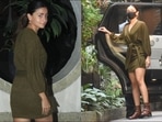 Alia Bhatt was recently papped at Juhu as she stepped out in her sartorial best in a thigh-high olive green wrap-around mini dress with a pair of brown ankle boots.(Varinder Chawla)