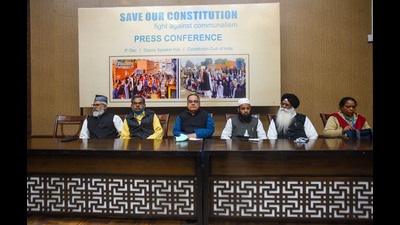 Representatives of Muslim Ekta Manch and Gurugram Muslim Council address a press conference at the Constitution Club, on Wednesday. (Amal KS/Hindustan Times)