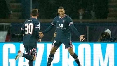 PSG's Kylian Mbappe, right, and PSG's Lionel Messi celebrate after scoring during the Champions League Group A soccer match between PSG and Club Brugge at the Parc des Princes stadium in Paris, France. (AP) PSG's Kylian Mbappe, right, and PSG's Lionel Messi celebrate after scoring during the Champions League Group A soccer match between PSG and Club Brugge at the Parc des Princes stadium in Paris, France. (AP)