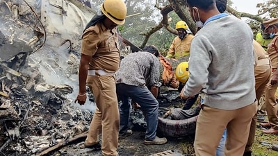 Rescue work underway at the spot where an IAF Mi-17V5 helicopter crashed in Coonoor, Tamil Nadu, on Wednesday. (PTI) Rescue work underway at the spot where an IAF Mi-17V5 helicopter crashed in Coonoor, Tamil Nadu, on Wednesday. (PTI)