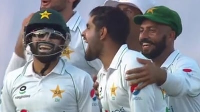 Babar Azam celebrates his first international wicket.&nbsp; (Twitter)