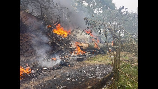 Wreckage of the crashed IAF Mi-17V5 helicopter, in Coonoor, Tamil Nadu, on Wednesday. (HT photo)