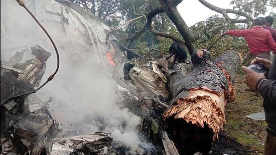 The accident site where a helicopter carrying chief of defence staff General Bipin Rawat crashed near Conoor in Tamil Nadu on Wednesday. (ANI)