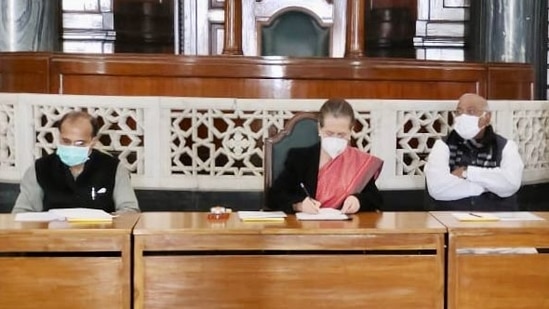 Congress interim President Sonia Gandhi presiding over the Congress Parliamentary Party (CPP) meet.&nbsp;(Photo via Congress)