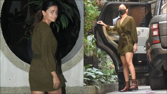 Alia Bhatt was recently papped at Juhu as she stepped out in her sartorial best in a thigh-high olive green wrap-around mini dress with a pair of brown ankle boots.(Varinder Chawla)