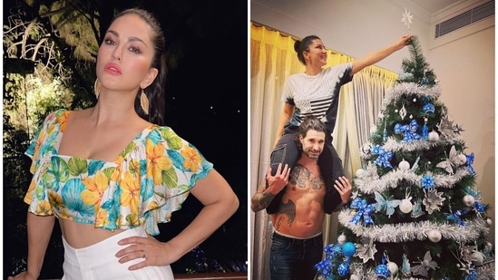 Sunny Leones husband Daniel Weber hoists her on his shoulders as she decks up Christmas tree in new home