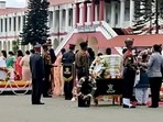 Dignitaries lay a wreath on the mortal remains of Chief of Defence Staff (CDS) General Bipin Rawat, his wife Madhulika Rawat, and other defence personnel, who died in the Coonoor chopper crash at Madras Regimental Centre in Nilgiris on Thursday. (ANI PHOTO.) Dignitaries lay a wreath on the mortal remains of Chief of Defence Staff (CDS) General Bipin Rawat, his wife Madhulika Rawat, and other defence personnel, who died in the Coonoor chopper crash at Madras Regimental Centre in Nilgiris on Thursday. (ANI PHOTO.)