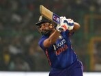 India's cricket captain Rohit Sharma bats during the first T20 cricket match between India and New Zealand, in Jaipur.(AP)