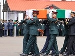 Officers carry the mortal remains of an officer who was killed in the crash in Tamil Nadu, at Madras Regimental Centre in Wellington, on Thursday, (PTI) Officers carry the mortal remains of an officer who was killed in the crash in Tamil Nadu, at Madras Regimental Centre in Wellington, on Thursday, (PTI)