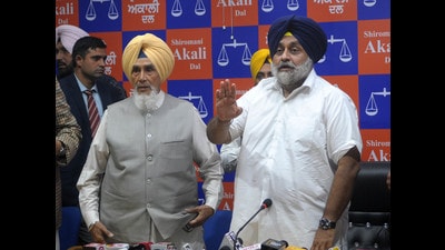 Shiromani Akali Dal (SAD) president Sukhbir Singh Badal and Sucha Singh Chhotepur in Chandigarh on Thursday. Shiromani Akali Dal (SAD) president Sukhbir Singh Badal and Sucha Singh Chhotepur in Chandigarh on Thursday.