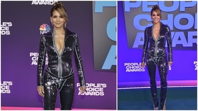 US actor Halle Berry stunned in a dazzling jumpsuit which featured a plunging neckline, collar and a belt. (AFP)