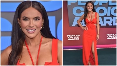 Actor Chrishell Stause gives off major boss lady vibes in a red thigh-high slit dress.&nbsp; (AFP)