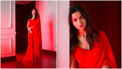 Alia Bhatt kept her look simple yet chic as she teamed the gorgeous lehenga saree with just a pair of earrings from Sabyasachi Mukherjee's jewellery line. (Instagram/@_psudo_) Alia Bhatt kept her look simple yet chic as she teamed the gorgeous lehenga saree with just a pair of earrings from Sabyasachi Mukherjee's jewellery line. (Instagram/@_psudo_)