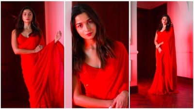 Alia Bhatt and the entire team of RRR launched the trailer of the film on Thursday, December 9. For the event, the actor decided to merge fierce and elegance and opted for an all-red lehenga saree by Sabyasachi Mukherjee. (Instagram/@_psudo_) Alia Bhatt and the entire team of RRR launched the trailer of the film on Thursday, December 9. For the event, the actor decided to merge fierce and elegance and opted for an all-red lehenga saree by Sabyasachi Mukherjee. (Instagram/@_psudo_)