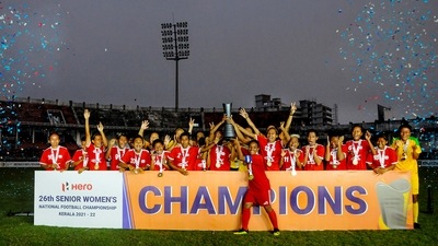 Manipur players celebrate their victory at the 26th Senior Women's National Football Championship at EMS Stadium in Kozhikode, (PTI) Manipur players celebrate their victory at the 26th Senior Women's National Football Championship at EMS Stadium in Kozhikode, (PTI)