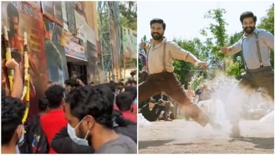 A scene outside a theatre as Ram Charan and Jr NTR's RRR trailer was shown. A scene outside a theatre as Ram Charan and Jr NTR's RRR trailer was shown. 