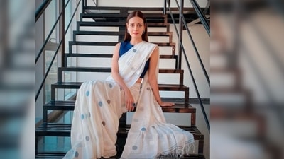 Dia Mirza had earlier shared a picture of herself in this white polka dotted saree on her Instagram handle and mentioned in her caption that she would love wearing her mother's sarees as a child. (Instagram/@diamirzaofficial) Dia Mirza had earlier shared a picture of herself in this white polka dotted saree on her Instagram handle and mentioned in her caption that she would love wearing her mother's sarees as a child. (Instagram/@diamirzaofficial)