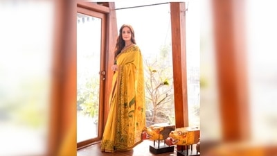 When it comes to sarees, Dia Mirza loves wearing intricately hand-painted kalamkari saree on handwoven silk. In this photo, the actor can be seen celebrating Indian artisans and sustainable clothing as she poses in an earthy yellow saree. (Instagram/@diamirzaofficial) When it comes to sarees, Dia Mirza loves wearing intricately hand-painted kalamkari saree on handwoven silk. In this photo, the actor can be seen celebrating Indian artisans and sustainable clothing as she poses in an earthy yellow saree. (Instagram/@diamirzaofficial)