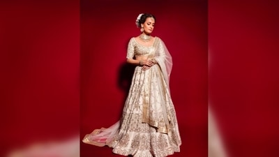 Dia Mirza redefines royalty in this ivory modern contemporary lehenga set and traditional Indian jewellery. The outfit is inspired by Mughal floral and architectural motifs. (Instagram/@diamirzaofficial) Dia Mirza redefines royalty in this ivory modern contemporary lehenga set and traditional Indian jewellery. The outfit is inspired by Mughal floral and architectural motifs. (Instagram/@diamirzaofficial)
