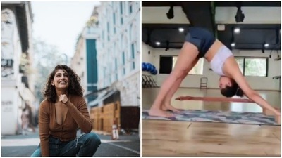Kubbra Sait is 'getting better' – this time, she aced the Down Dog Pyramid (Instagram/@kubbrasait)
