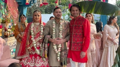 RJD leader Tejashwi Yadav with his wife Rachel Godinho and brother Tej Pratap. RJD leader Tejashwi Yadav with his wife Rachel Godinho and brother Tej Pratap.