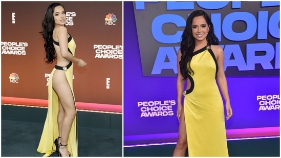 US singer Becky G looked drop-dead gorgeous in a yellow dress. The highlight of her outfit was the side slit that went up till her hip.(AFP)