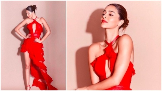 With bold red lips, blushed cheeks and sleek hair, Ananya Panday aced the red carpet look.(Instagram/@ananyapanday)