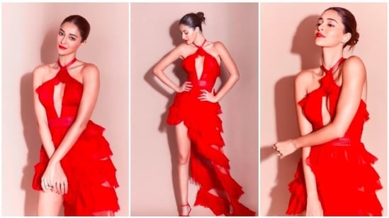 The colour red can make anyone look fierce and bold. The gorgeous Ananya Panday recently made heads turn as she posed in a stunning red halter dress.(Instagram/@ananyapanday)
