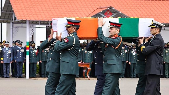 Officers carry the mortal remains of an officer who was killed in the crash in Tamil Nadu, at Madras Regimental Centre in Wellington, on Thursday,&nbsp;(PTI)