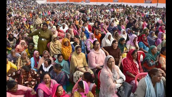 Women during a rally of Punjab chief minister Charanjit Singh Channi’s rally at Payal on Thursday.