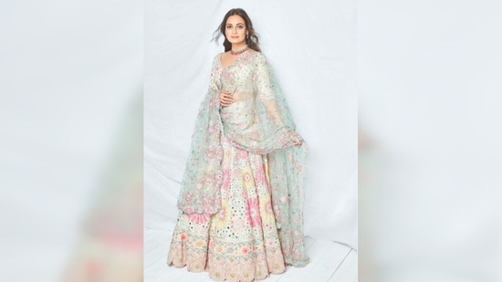 Dia Mirza looks like a vision in this floral pastel lehenga set.(Instagram/@diamirzaofficial)