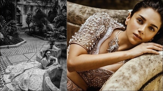 Are you a bride-to-be who loves neo-Indian style? Take fashion inspiration from Bollywood diva Aditi Rao Hydari's latest sultry pictures in a pearls and ornate glass-beads embellished bridal lehenga choli that is sure to make heads turn with its passionate and graceful look.(Instagram/gauravguptaofficial)