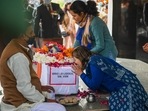 The wife and daughter of late Brigadier LS Lidder pay their last respects to him at Brar Square in Delhi.&nbsp;