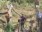 Teams of the IAF and local police personnel at the crash site on Friday. (ANI Twitter)