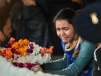 Daughter of late Brigadier LS Lidder breaks down as she pays last respects to her father at Brar Square, Delhi Cantt, in New Delhi.(PTI)