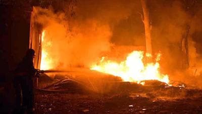 Firefighters trying to douse the blaze at a cardboard manufacturing unit at Saini Colony in Moti Nagar in Ludhiana on Friday night. (HT Photo) Firefighters trying to douse the blaze at a cardboard manufacturing unit at Saini Colony in Moti Nagar in Ludhiana on Friday night. (HT Photo)