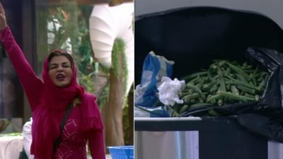 Rakhi Sawant shouted at housemates for throwing bhindi (ladyfingers) in the dustbin. (Instagram/@colorstv)