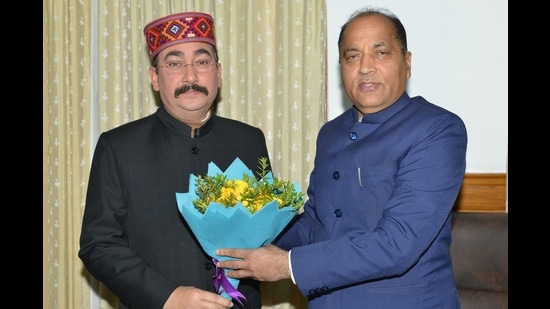 Chief minister Jai Ram Thakur being welcomed by speaker Vipin Parmar on the first day of the winter session of the Himachal Pradesh assembly in Dharamshala on Friday. The Congress moved a no-confidence motion against chief minister Jai Ram Thakur government in the state.