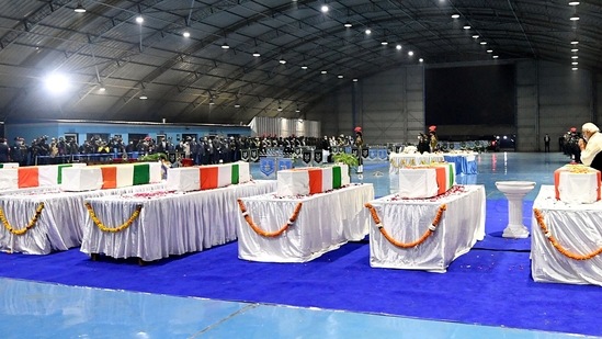 The mortal remains of chief of defence staff (CDS) General Bipin Rawat, his wife and and 11 other Armed Forces personnel who lost their lives in Tamil Nadu chopper crash.(ANI)