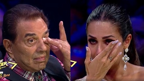 Dharmendra and Malaika Arora tear up on the sets of India's Got Talent 2.&nbsp;