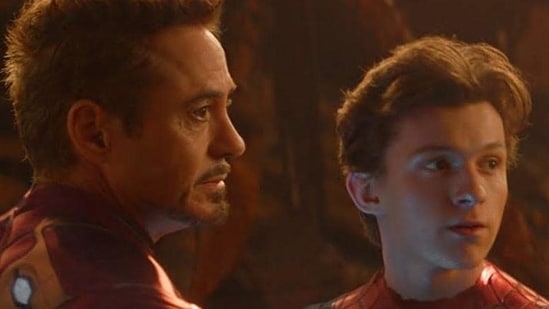 Robert Downey Jr as Tony Stark and Tom Holland as Peter Parker in a still from Avengers: Infinity War.