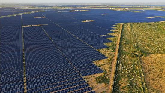 Solar panels at the site of solar energy projects developer Saurya Urja Company of Rajasthan Limited, at the Bhadla Solar Park in Bhadla, in the northern Indian state of Rajasthan. (AFP)