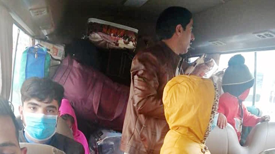 Stranded Indian citizens and distressed Afghan citizens belonging to Hindu and Sikh communities being brought to Delhi by a special flight chartered, in Kabul on Friday. (ANI)