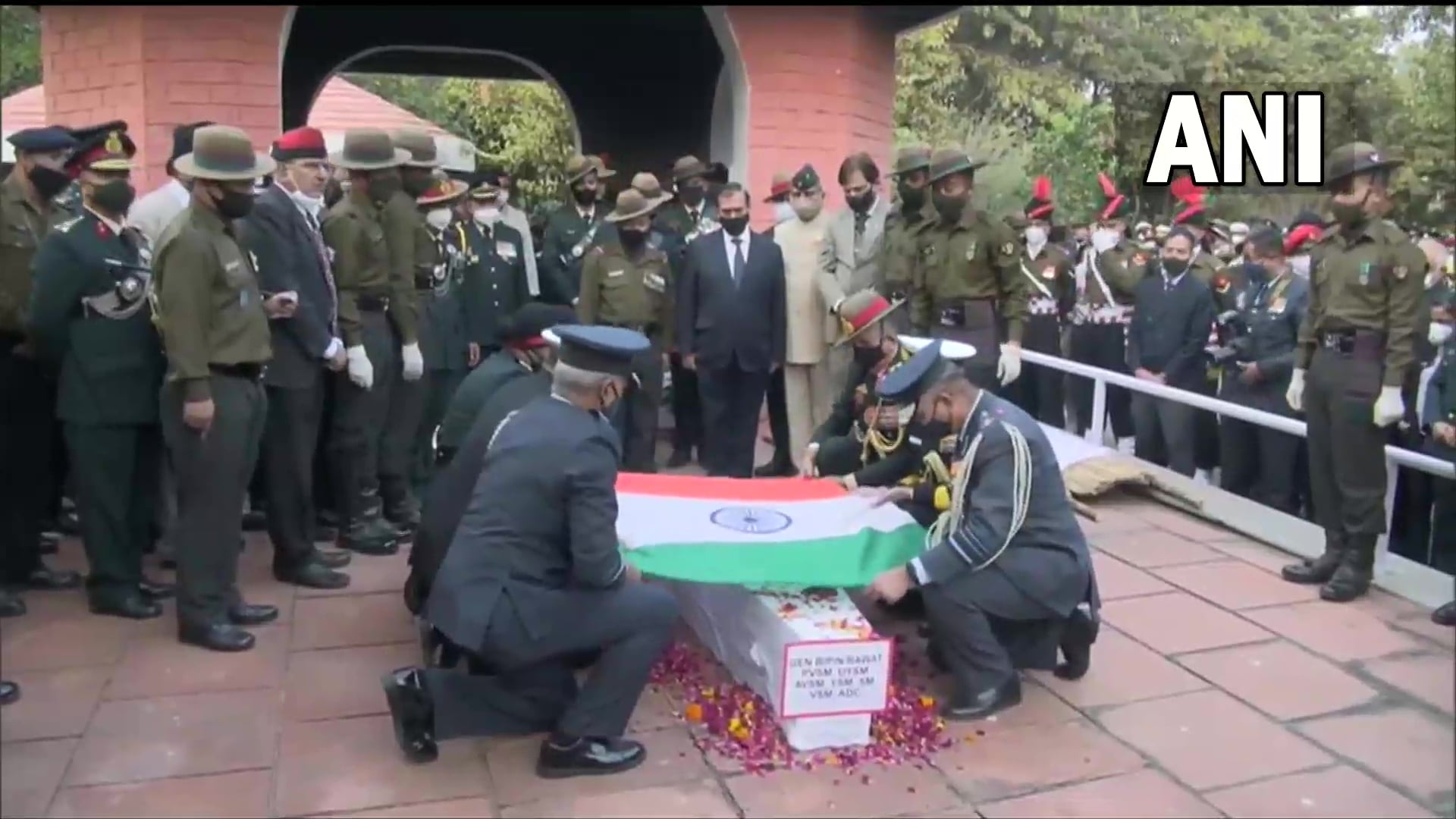 CDS Bipin Rawat final farewell at the Brar crematorium in Delhi Cantonment. (ANI Twitter) CDS Bipin Rawat final farewell at the Brar crematorium in Delhi Cantonment. (ANI Twitter)