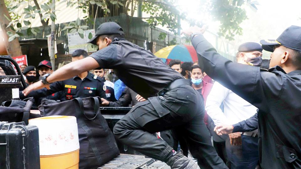 Security personnel outside Rohini court after a explosion was reported inside a courtroom. The police said the crude bomb was an IED (HT Photo) Security personnel outside Rohini court after a explosion was reported inside a courtroom. The police said the crude bomb was an IED (HT Photo)