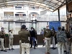 Security personnel outside the Rohini Court in Delhi after the blast on Thursday. (HT Photo) Security personnel outside the Rohini Court in Delhi after the blast on Thursday. (HT Photo)