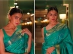 Alia Bhatt is leaving no stone unturned in promoting her upcoming film RRR which also stars Ram Charan, NTR Jr and Ajay Devgn. For a recent promotional event in Chennai, Alia Bhatt decided to add a touch of South to her look and draped a stunning ocean blue Kanjeevaram saree.(Instagram/@aliaabhatt)