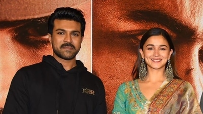 Actors Alia Bhatt and Ram Charan at RRR's Hyderabad event. (Twitter)