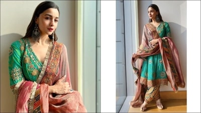 Leaving her silky tresses open down her back in side-parted hairstyle, Alia completed her attire with a pair of golden heels. She was styled by celebrity fashion stylists Ami Patel and Garima Garg. (Instagram/aliaabhatt)